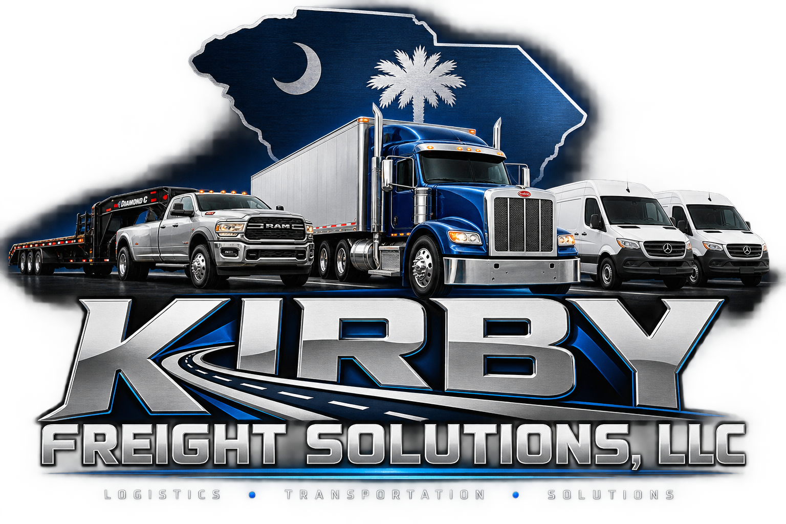 Kirby Freight Solutions LLC logo showing trucks, cargo vans and the South Carolina state outline